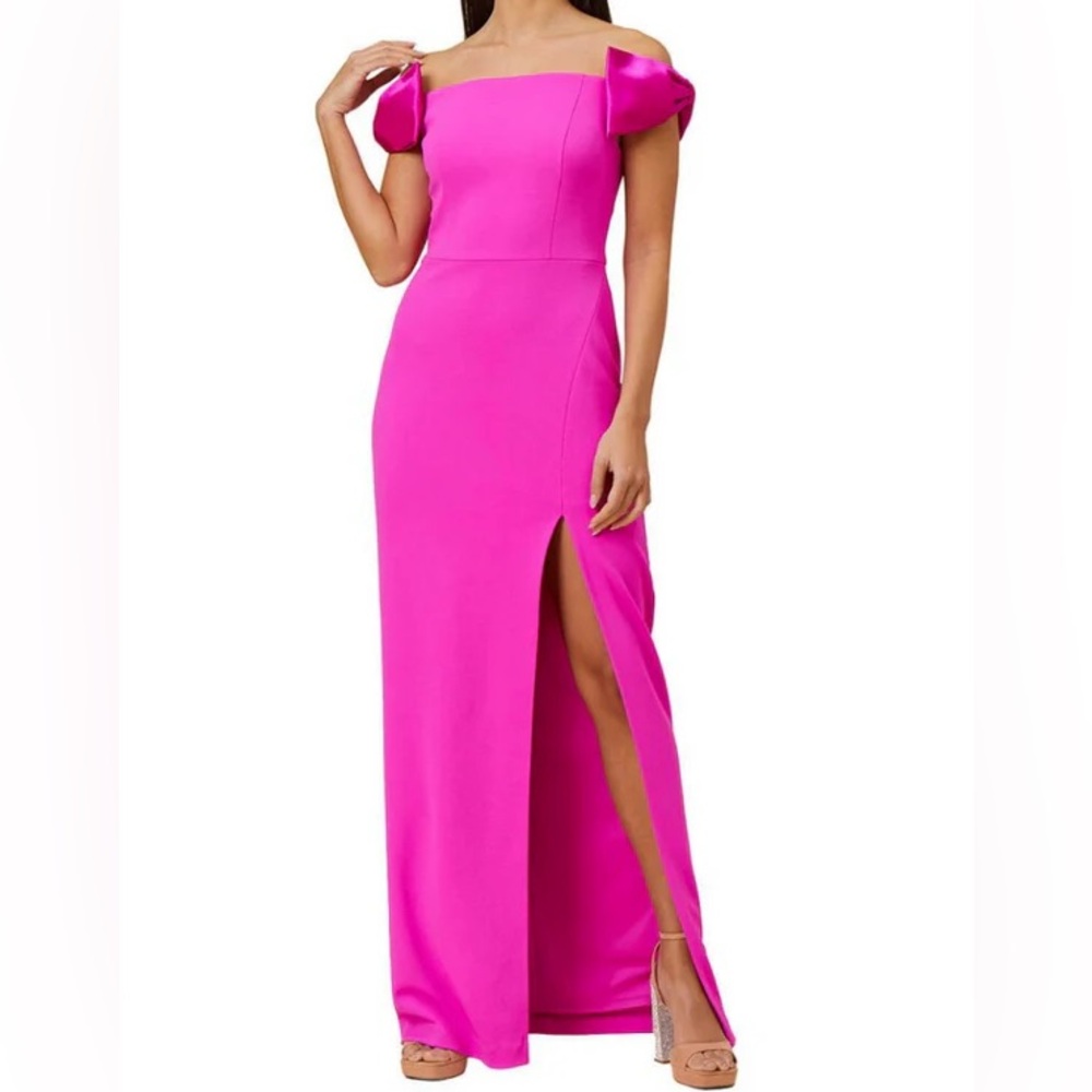 Aidan Mattox Hot Pink Fuschia Satin Bow Shoulder Dress